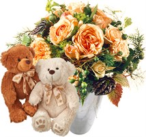 Blumenversand; Zarter Rosenstrauss mit Teddyb?renpaar (weiss & braun)